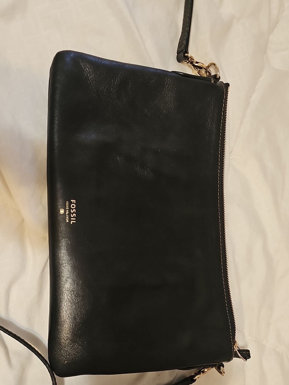 Fossil Black Leather Messenger Crossbody with Gold Hardware